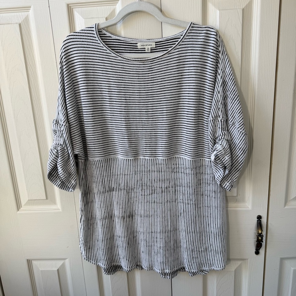Max Studio Runched 3/4 Sleeve Stripe Tunic Womens Size 1X Black White